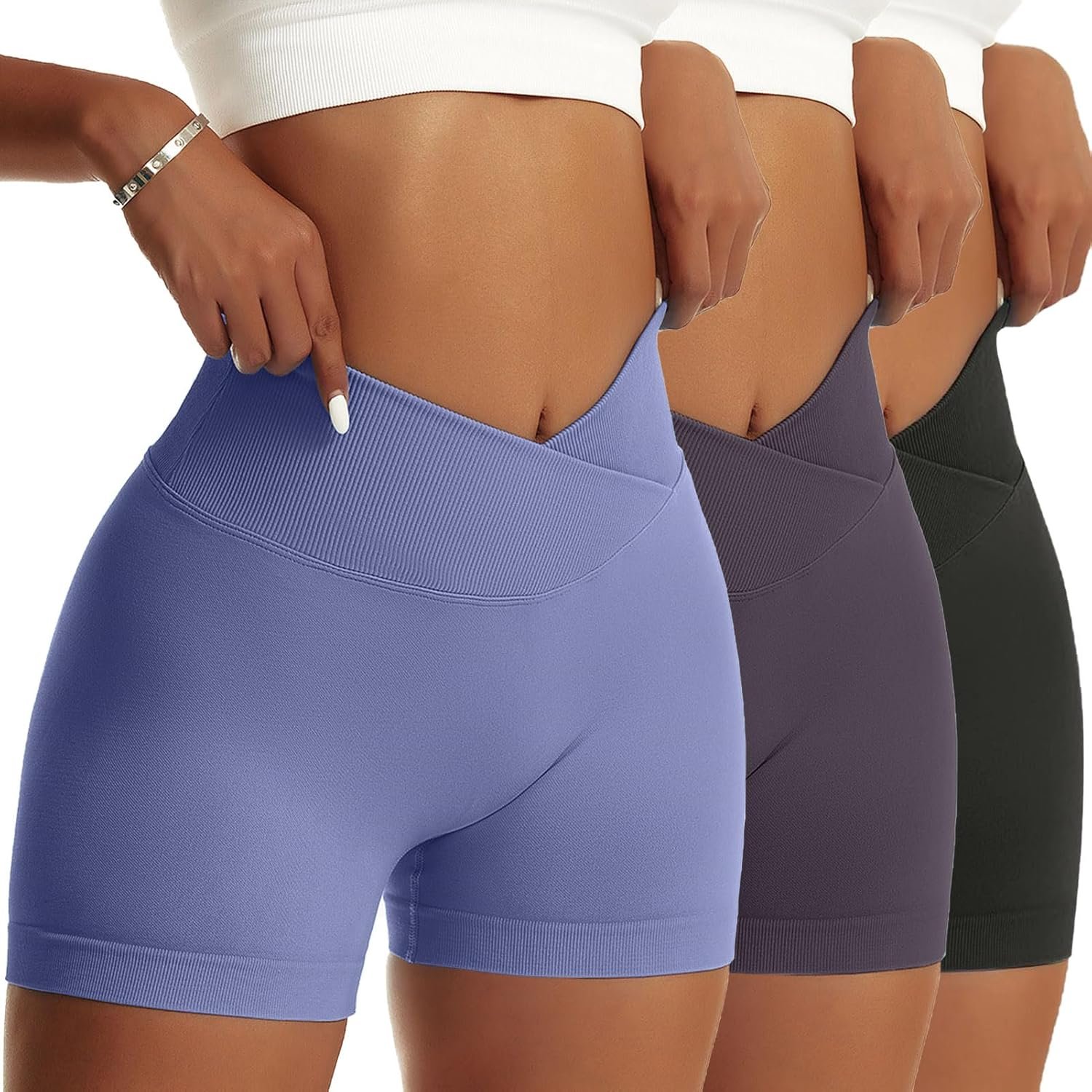 Women Yoga Shorts 3 Pieces V Cross High Waist Sport Shorts Workout Seamless Athletic Booty Scrunch Gym Shorts