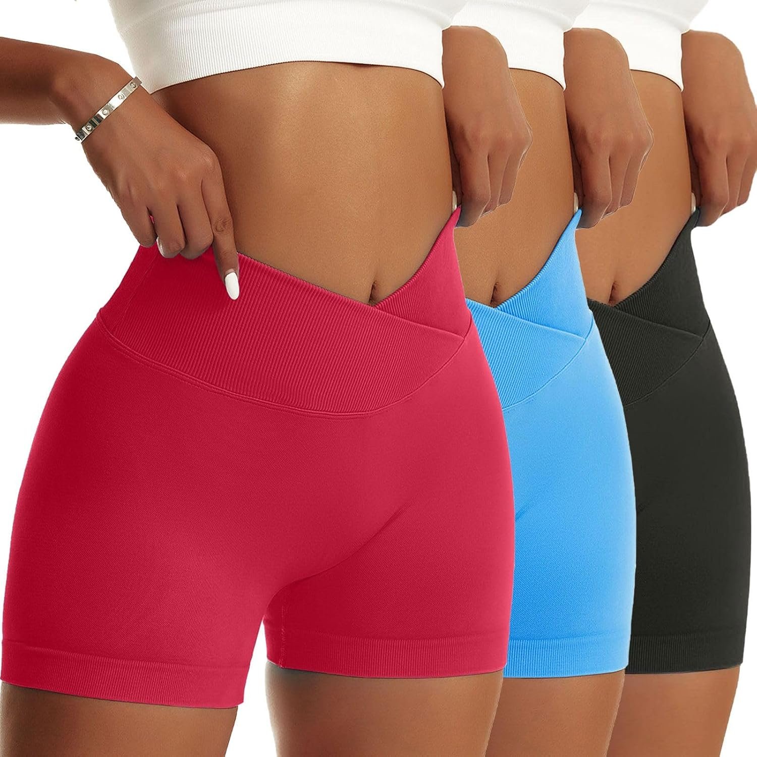 Women Yoga Shorts 3 Pieces V Cross High Waist Sport Shorts Workout Seamless Athletic Booty Scrunch Gym Shorts