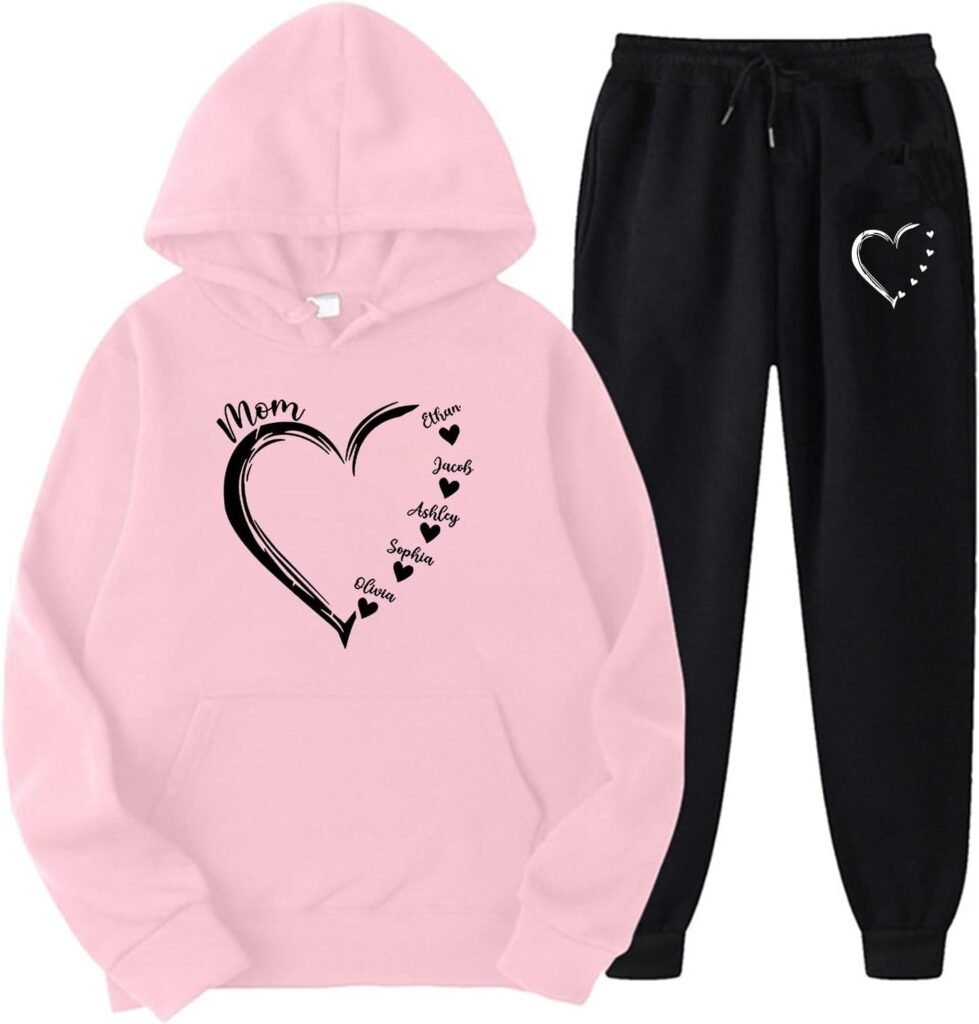 Oncem Womens Love Two Piece Sets Plush Tracksuit Heart Print Hoodie with Pockets Y2K Sweatsuit Jogger Workout Set Loungewear