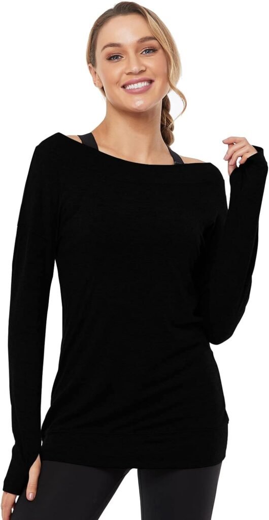 Muzniuer Long Sleeve Workout Shirts-Off Shoulder Long Sleeve Yoga Sports Long T-Shirt Activewear with Thumb Hole