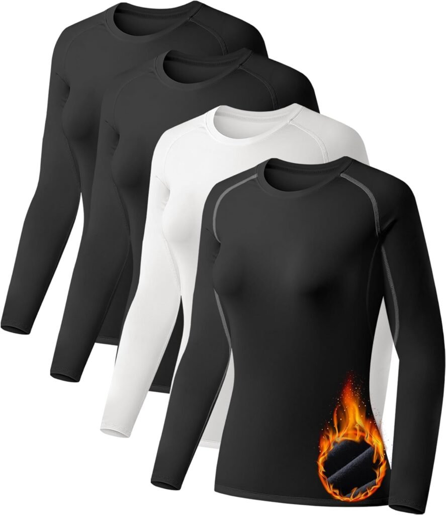 TELALEO 4 Pack Womens Thermal Shirts Fleece Lined Athletic Tops Long Sleeve Compression Workout Baselayer for Cold Weather