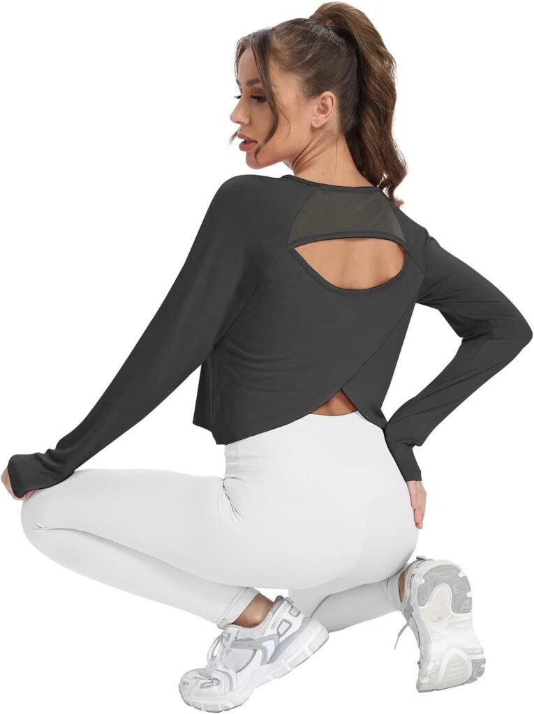 Mippo Cropped Long Sleeve Workout Tops Open Back Athletic Gym Yoga Shirts with Thumb Hole