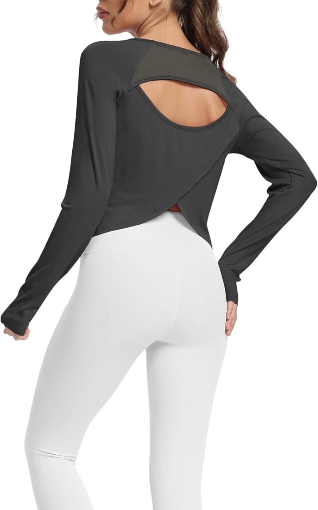 Mippo Cropped Long Sleeve Workout Tops Open Back Athletic Gym Yoga Shirts with Thumb Hole