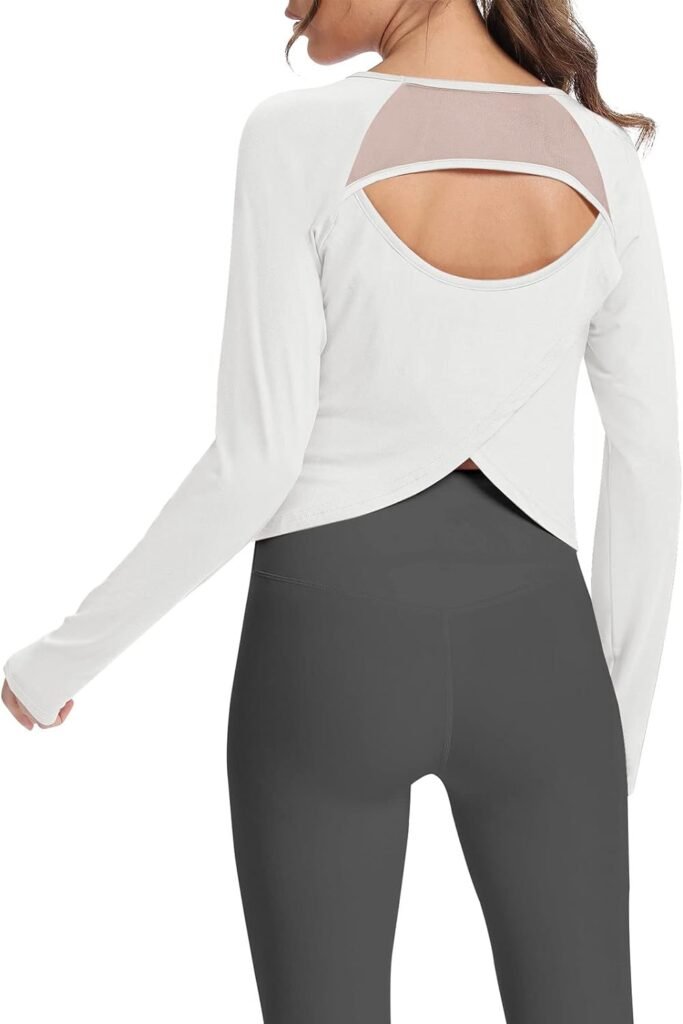 Mippo Cropped Long Sleeve Workout Tops Open Back Athletic Gym Yoga Shirts with Thumb Hole