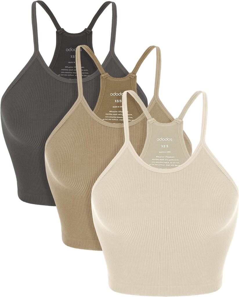 ODODOS Womens Crop 3-Pack Washed Seamless Rib-Knit Camisole Crop Tank Tops