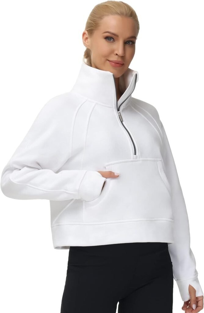 THE GYM PEOPLE Womens Half Zip Pullover Fleece Stand Collar Crop Sweatshirt with Pockets Thumb Hole